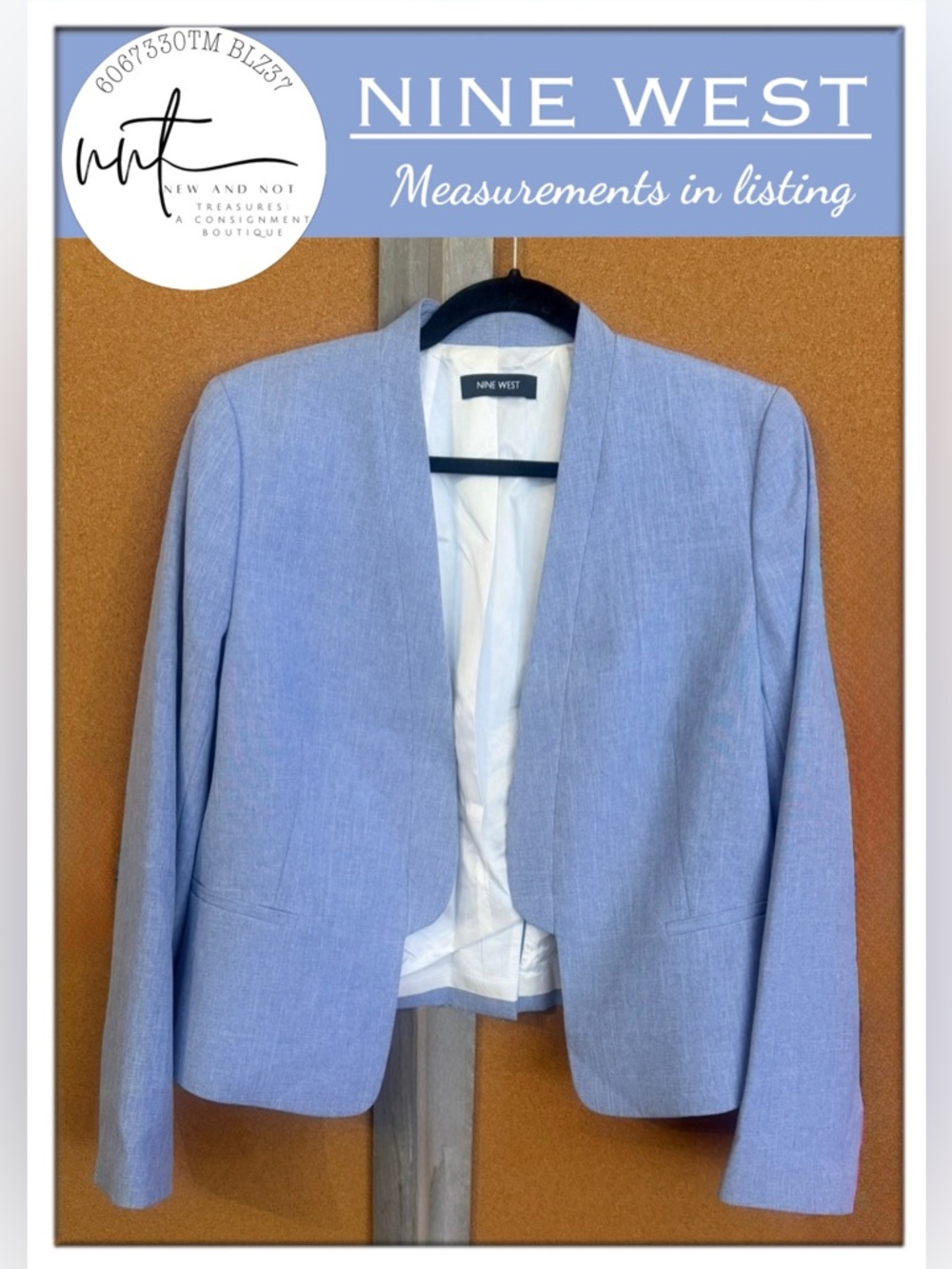Nine West Open Front Cropped Blazer Powder Blue Fully Lined Career Jacket